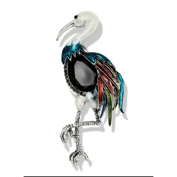 Elegant Crane Brooch Pin Rhinestone Enamel Bird Jewelry Nature Gift Idea - Picture 1 of 2